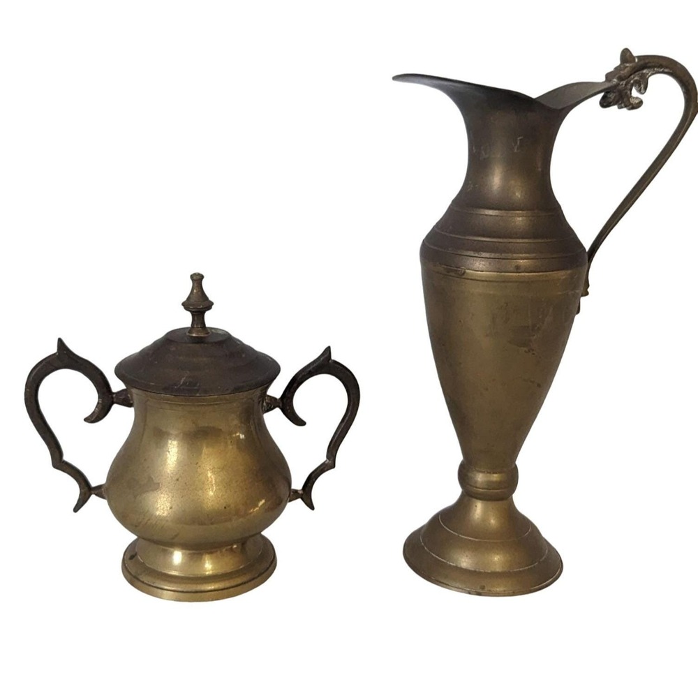 Vintage Brass Pitcher‎ and Lidded Bowl Set Made in India Boho Decor 2 Piece